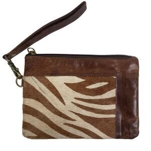 Cowhide Leather Wristlet Brown Cream Zebra Style Animal Print Earthy Boho Retro